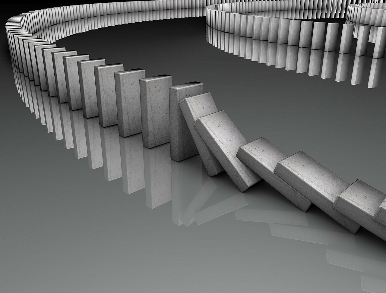 A line of dominoes falling in succession