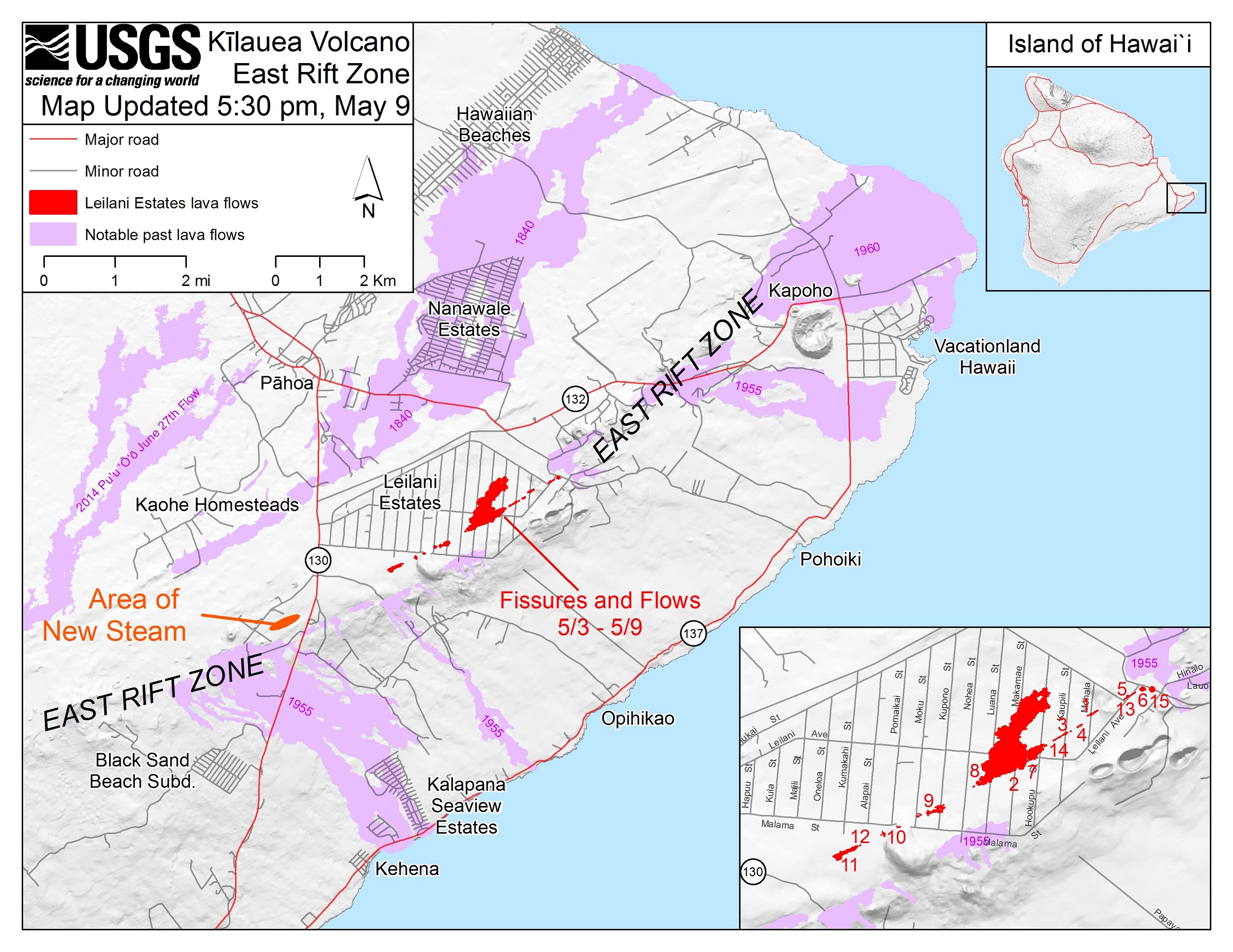 This map shows the locations of fissures and an 'a'ā flow erupted since May 3 in the order that they occurred in Leilani Estates as of 5:30 p.m. HST, May 9. Note the area of heavy steaming from ground cracks that began on May 9, located west of Highway 13