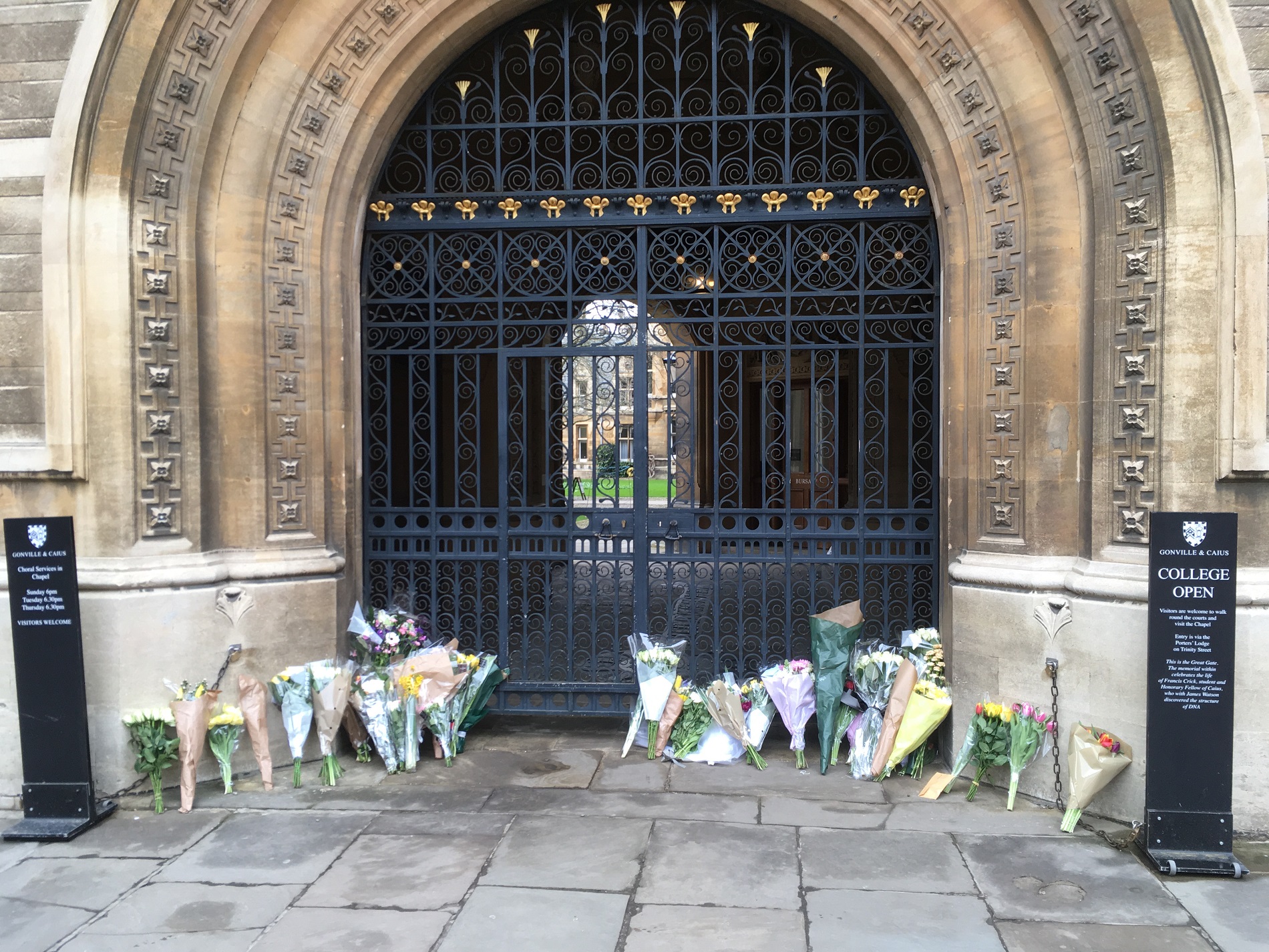 Flowers laid in memory of Stephen Hawking at Gonville and Caius College, Cambridge
