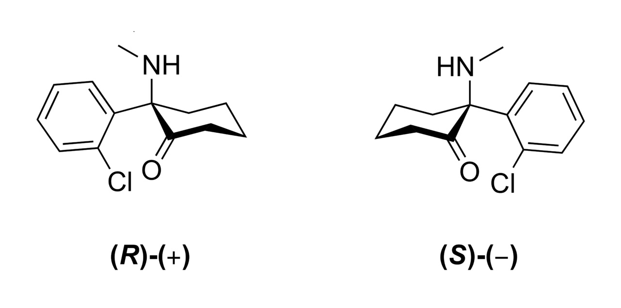 Skeletal formulae showing the conformations of the (R)- and (S)-enantiomers of the ketamine molecule, C13H16ClNO