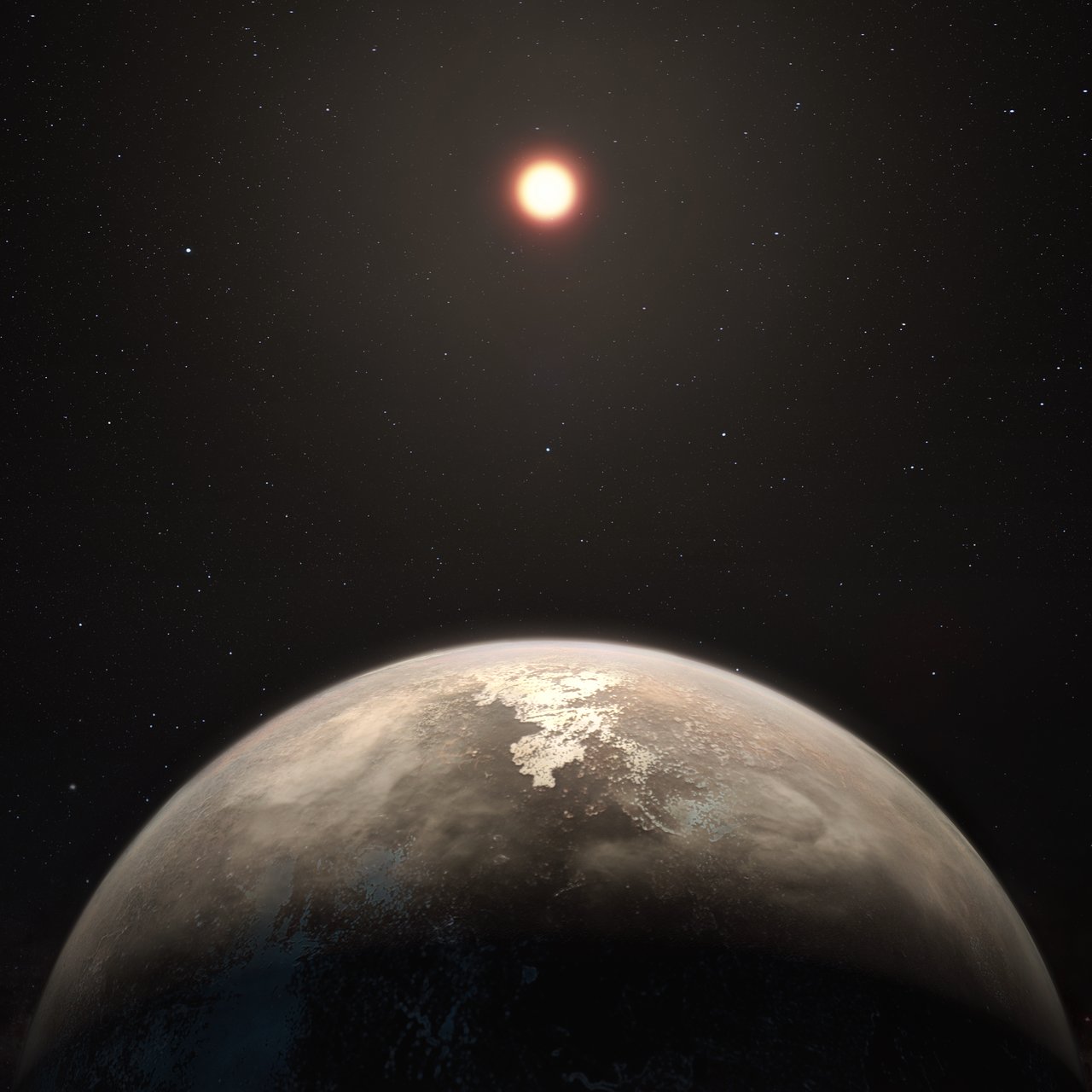 This artist’s impression shows the temperate planet Ross 128 b, with its red dwarf parent star in the background. This planet, which lies only 11 light-years from Earth, was found by a team using ESO’s unique planet-hunting HARPS instrument.