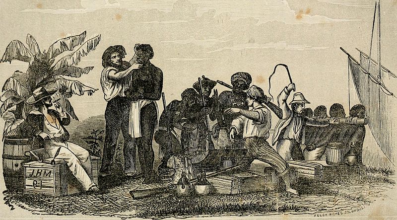 Illustration of slaves being inspected and loaded onto a ship.