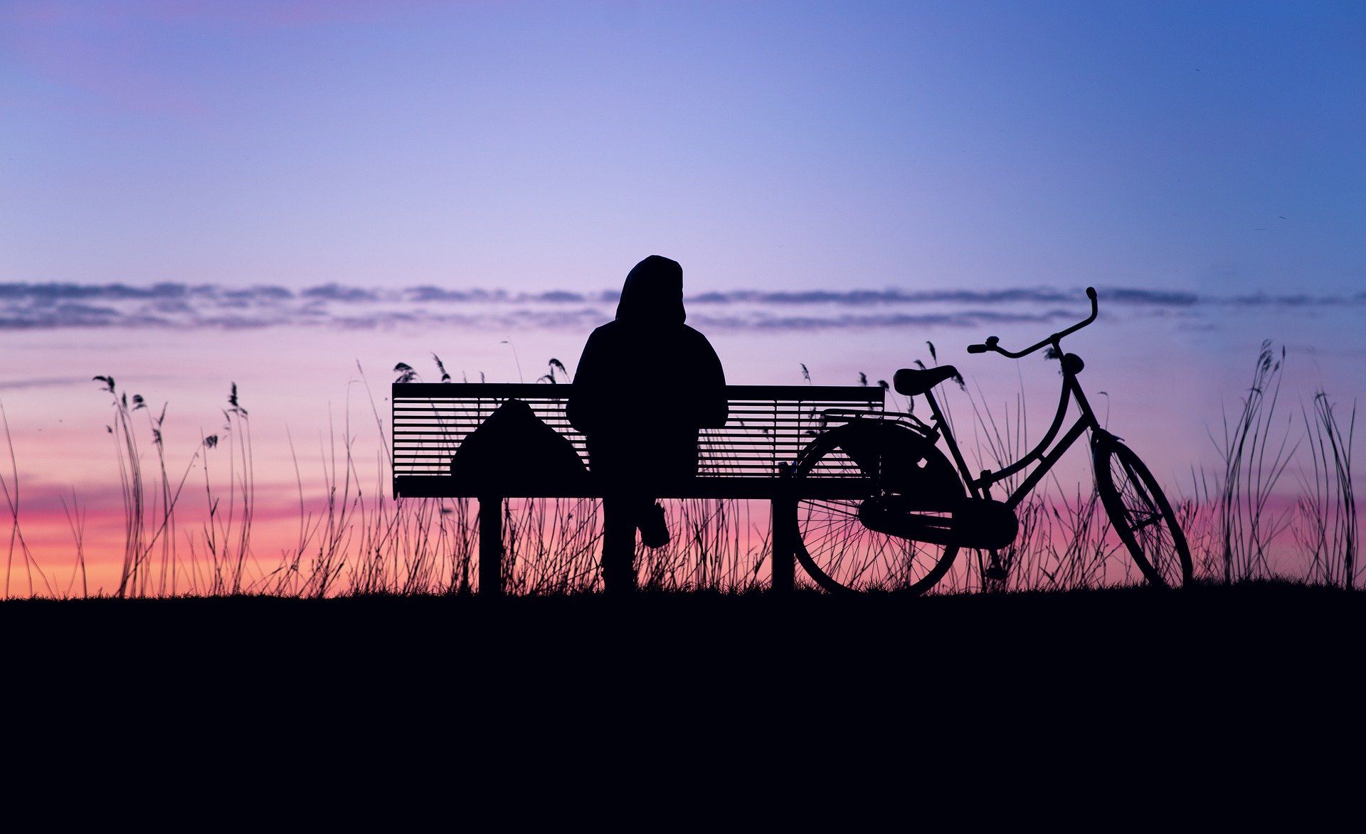 A woman sitting on a park bench watching the sunset