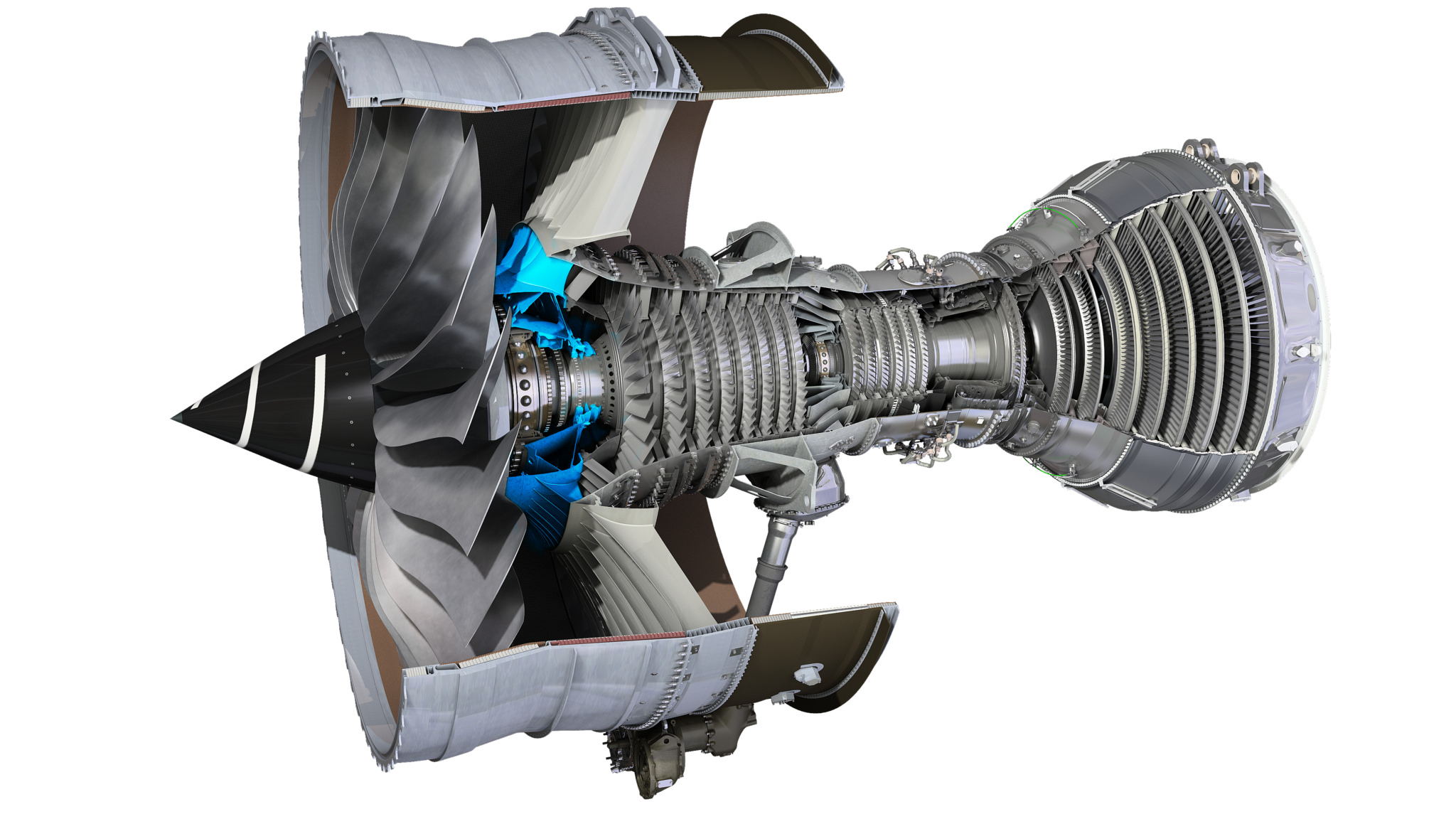 Trent XWB cut away showing position of the front bearing housing (in blue) which Rolls-Royce has produced using 3D printing.