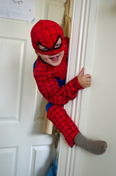 Boy dressed in a spiderman costume