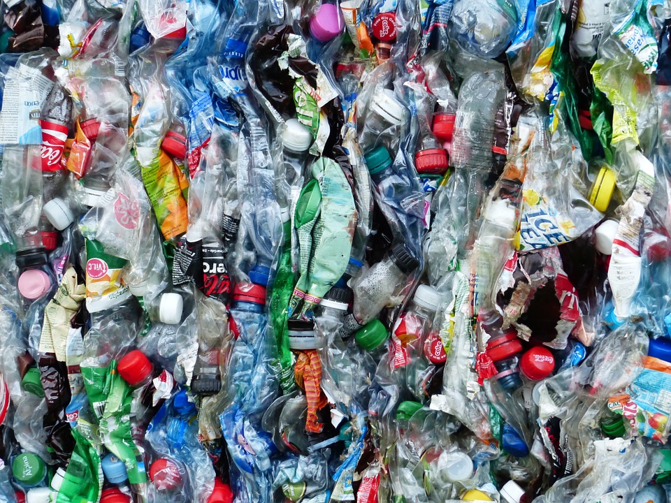 A large block of crushed plastic drinks bottles