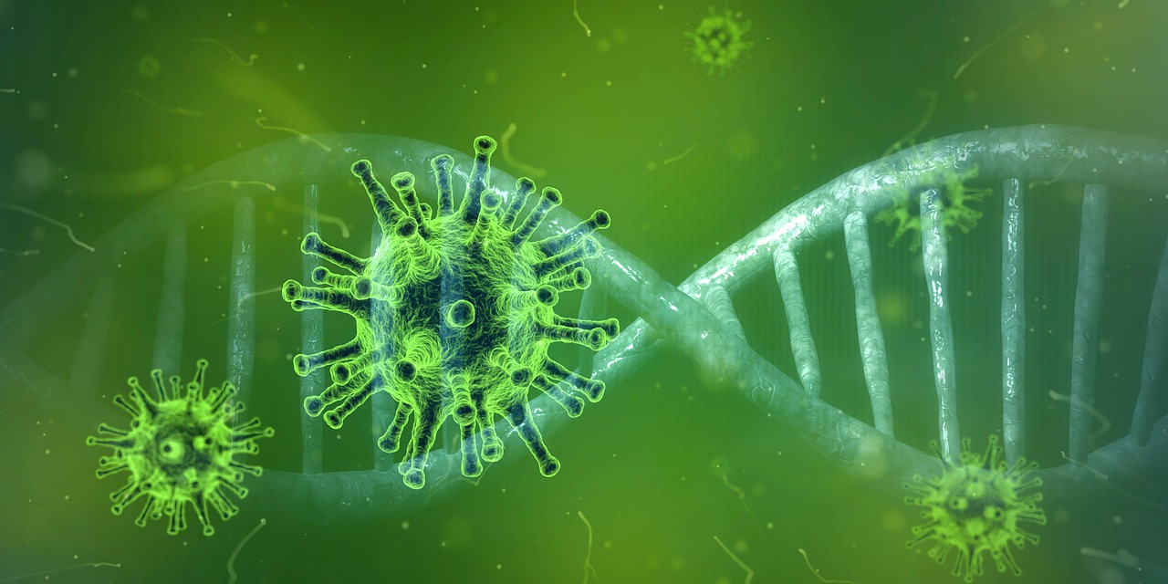 Green coronavirus particles around a strand of DNA.