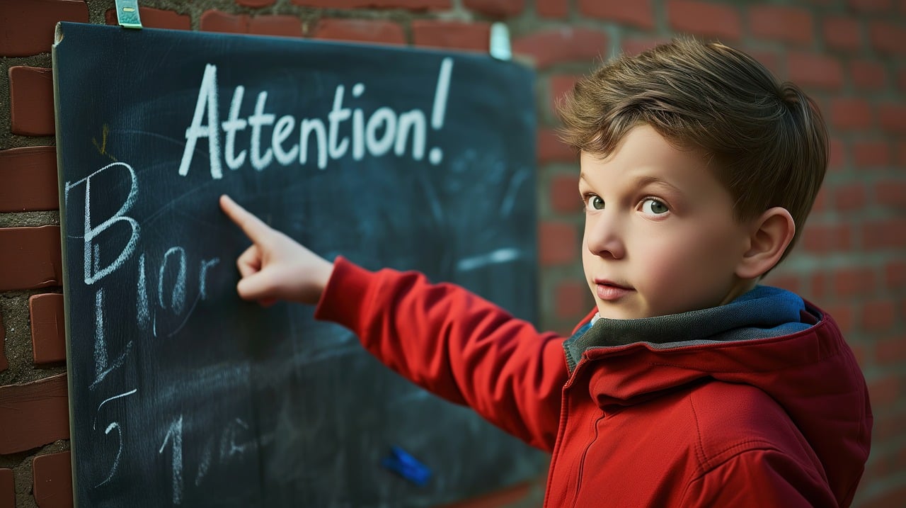 A boy points at a blackboard