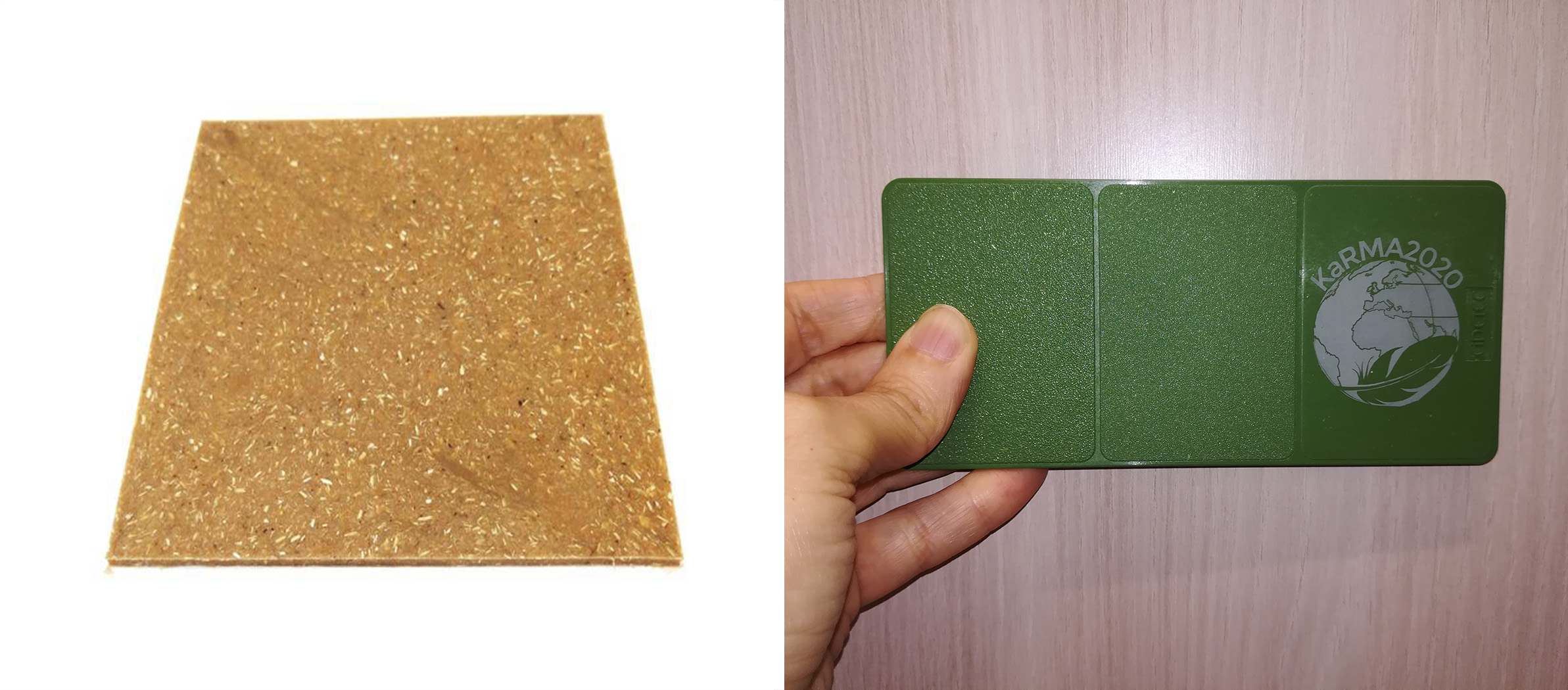 Chicken feathers can be used as raw material for composites (left) or for moulded plastic alternatives (right).