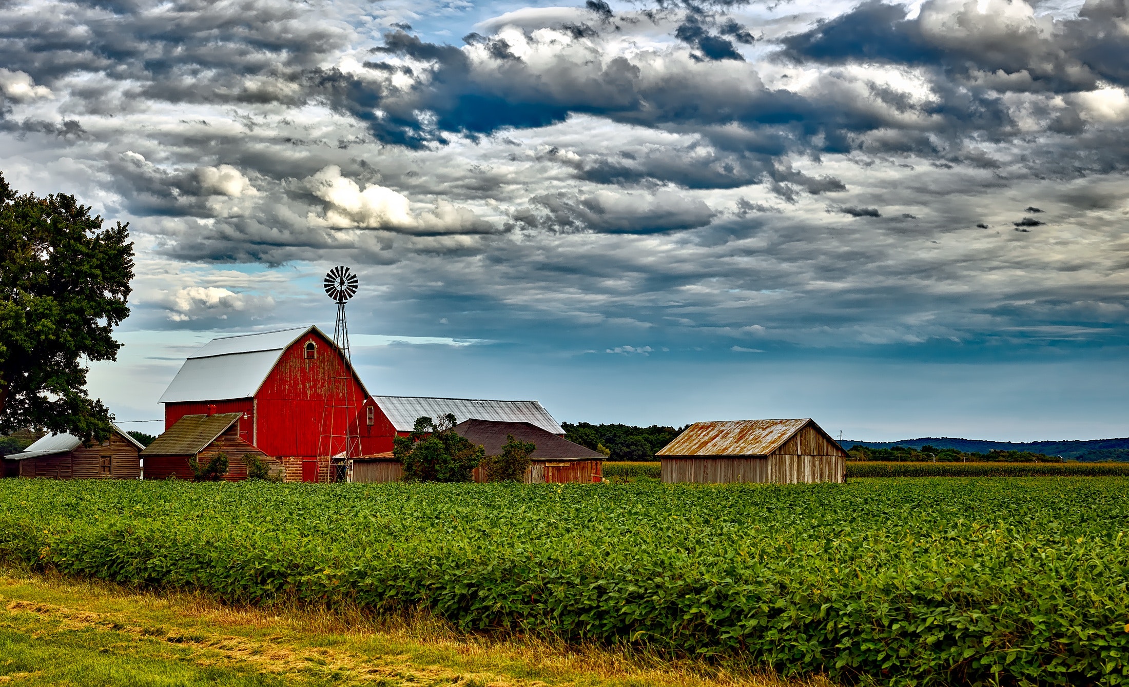 A red barn in a farmer's field