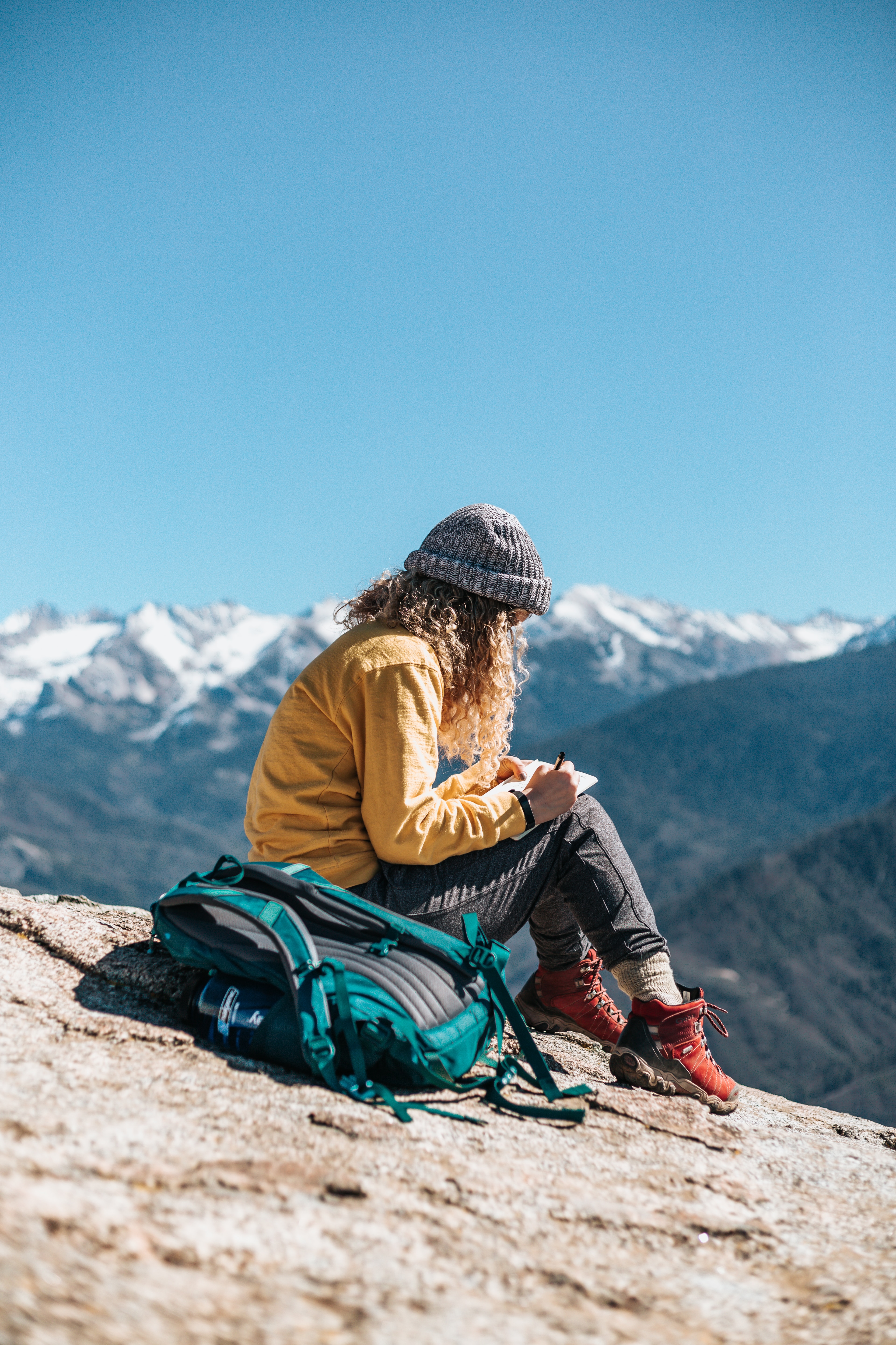 A backpacker in the mountains