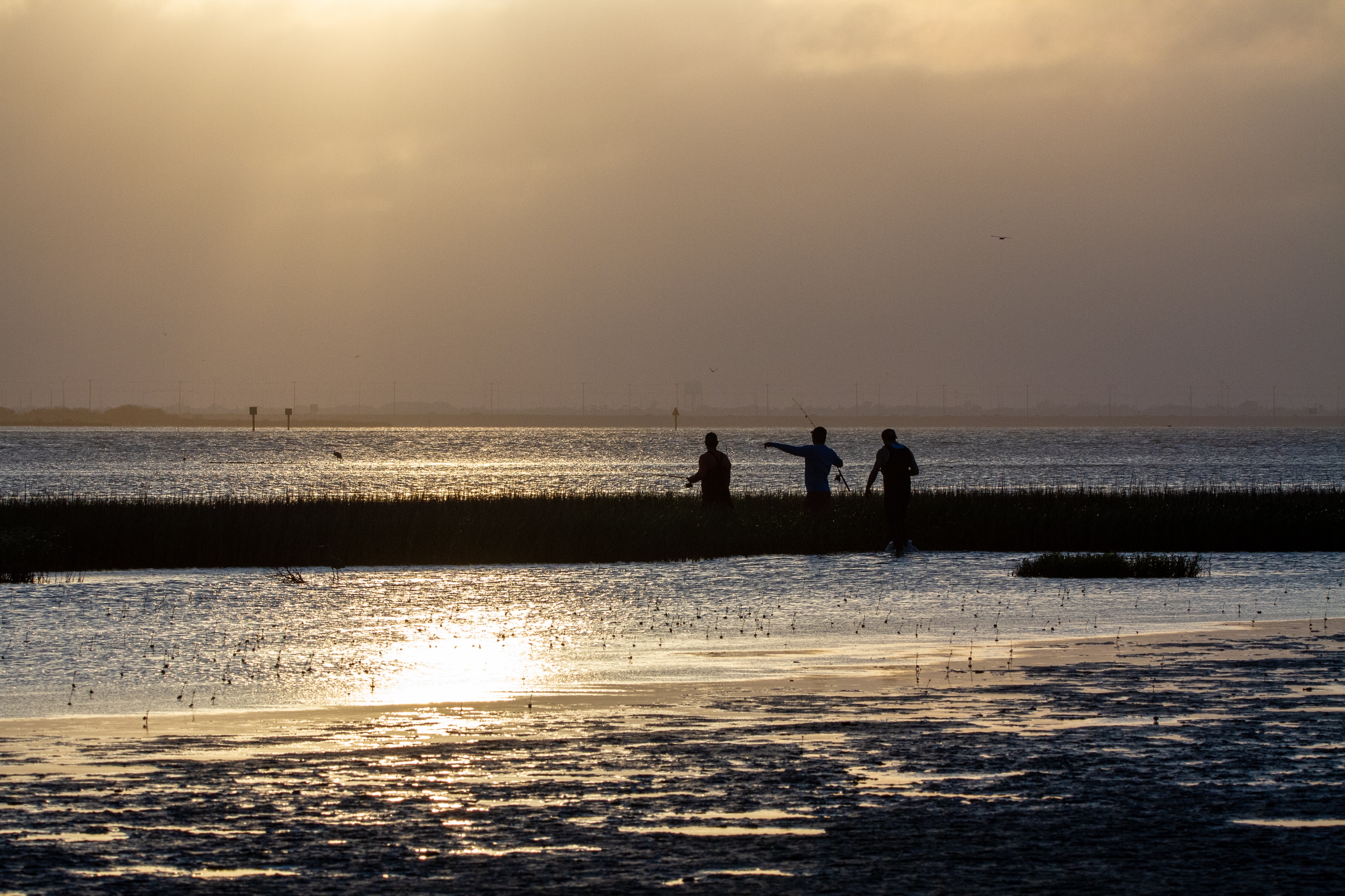 Fishermen on the horizon on the seashore