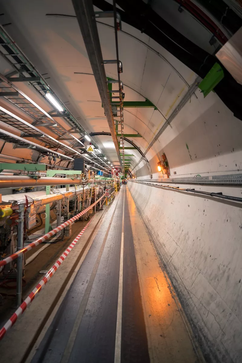 A view down one of the tunnels of the Large Hadron Collider.