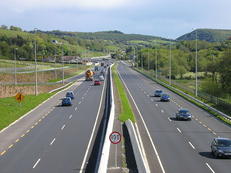 motorway verge, median barrier on the N11 dual-carriageway looking south towards the Glen of the Downs in Co. Wicklow, Ireland