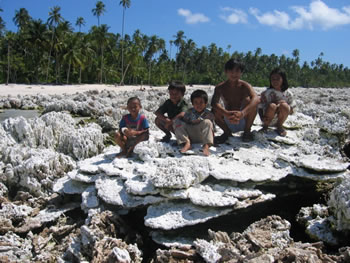 Figure 2: Uplifted coral on Pulau Bugi (Bugi island, also sometimes spelled Bogi) in the Hinako islands. Uplift here was ~1.75 m. Copyright: Dr. R. Briggs, GPS, Caltech, USA.