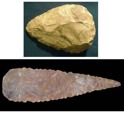 Figure 1: A comparison of Neanderthal and Modern Human Stone Tools. The Mousterian Tool Tradition is much less complex than modern human traditions. Wynn and Coolidge argue that complex tool design is evidence of more complex thought or 