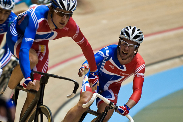 Bradley Wiggins (left) and Mark Cavendish (right) on their way to becoming world Madison champions 2008, Manchester Velodrome