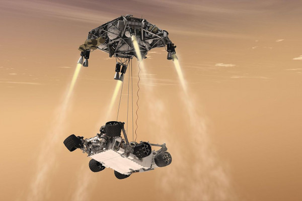  This artist's concept shows the sky crane maneuver during the descent of NASA's Curiosity rover to the Martian surface. The entry, descent, and landing (EDL) phase of the Mars Science Laboratory mission begins when the spacecraft reaches the Martian...