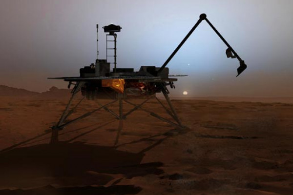  In this artist's concept illustration, NASA's Phoenix Mars Lander begins to shut down operations as winter sets in. The far-northern latitudes on Mars experience no sunlight during winter. This will mark the end of the mission because the solar...