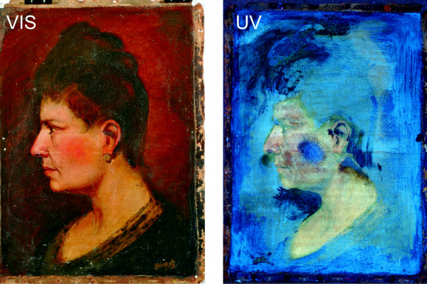 The oil painting on the left fluoresces when exposed to ultraviolet light (right), but evidence of signature forgery remained unseen until a new non-invasive imaging technique was used.
