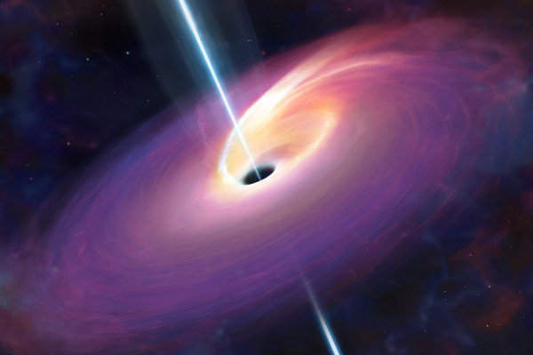  What University of Warwick researchers think the aftermath of a large star being consumed by a black hole at the center of a galaxy 3.8 billion light years distant may have looked like. The event blasted jets of energy from the black hole, one of...