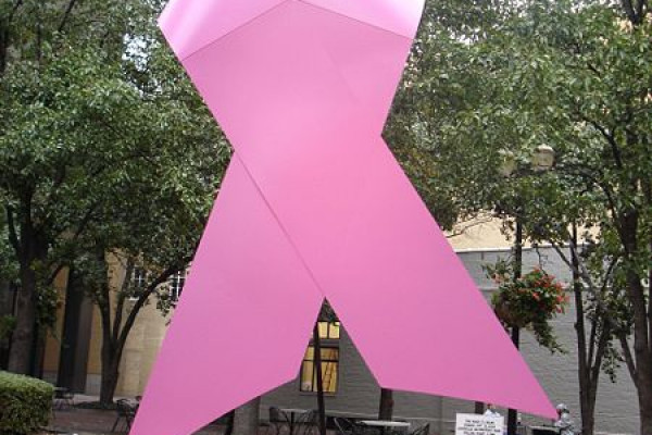 Giant pink ribbon on the corner of 5th and Market, downtown Louisville, KY (10-5-06)