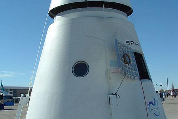 A SpaceX Dragon capsule structural test article on display at the 2007 X-Prize Cup at Holloman Air Force Base, New Mexico