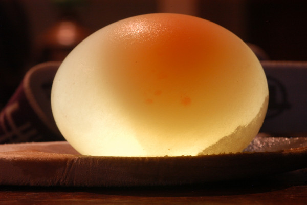 An egg left in vinegar over 24 hours. When you shine a light on it you can see inside.