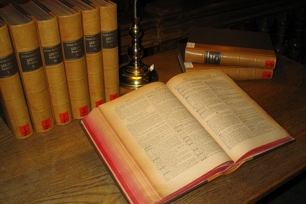 A multi-volume Latin dictionary (Egidio Forcellini: Totius Latinitatis Lexicon, 1858-87) in a table in the main reading room of the University Library of Graz. Definitely an old book!