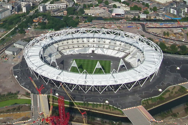 June 2011 - Aerial photo of the Olympic Park main stadium and Orbit tower under construction