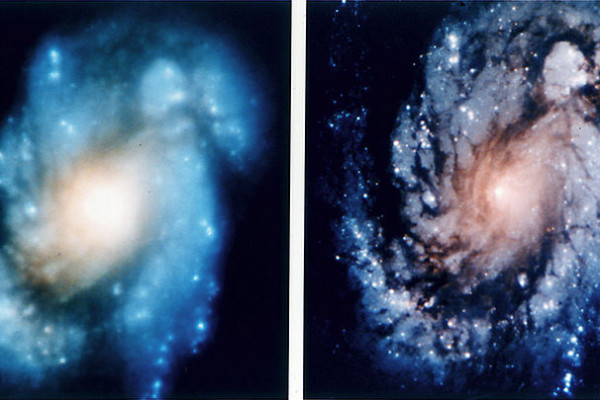 Images of the spiral galaxy M100 demonstrate the improvement in Hubble images after corrective optics were installed during Servicing Mission 1 in 1993.