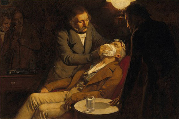 Illustrates the first use of ether as an anaesthetic in 1846 by the dental surgeon W.T.G. Morton
