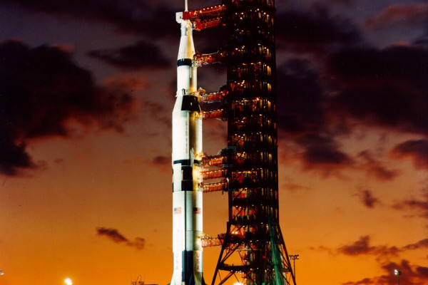 Early morning view on November 9, 1967 of Pad A, Launch Complex 39, Kennedy Space Center, showing Apollo 4 Saturn V (Spacecraft 017/Saturn 501) prior to launch later that day. This was the first launch of the Saturn V.