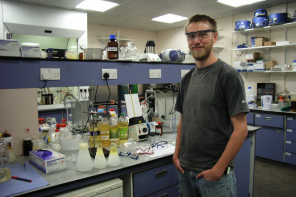 Bath University PhD Student Chris Chuck with a fresh batch of bio diesel, made from vegetable oil