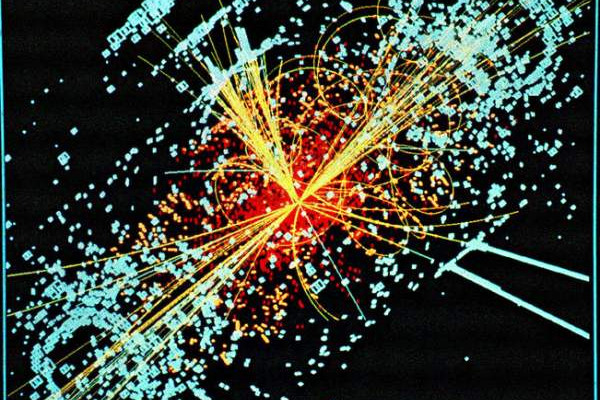 A simulated event at of the LHC of the european particle physics institute, the CERN. This simulation depicting the decay of a Higgs particle following a collision of two protons in the CMS experiment.