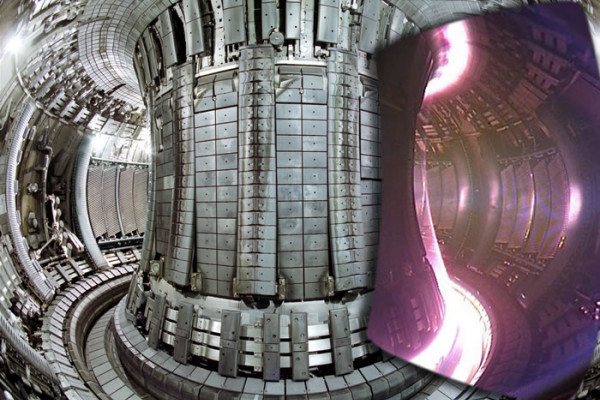 Split image showing interior view of the JET vacuum vessel with a superimposed image of an actual JET plasma, taken with an infra-red camera, 2005