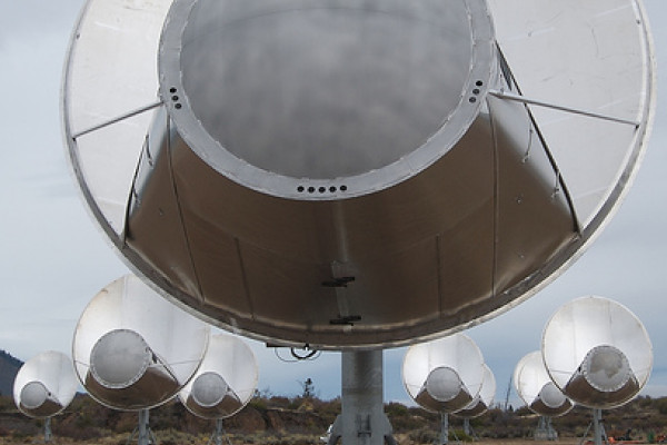  Closeup front view of one antenna of the Allan Telescope Array, a radio telescope for combined radio astronomy and SETI (Search for Extraterrestrial Intelligence) research being built by the University of California at Berkeley, outside San...