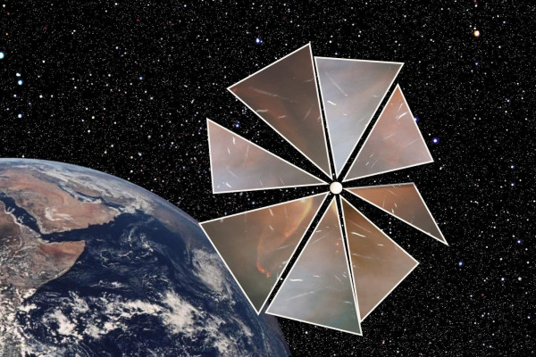 This is a imagining of Cosmos 1, The Planetary Society's experimental solar sail mission, orbiting around the Earth.