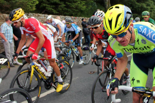 Cyclists make their way up the Cote de Buttertubs in Yorkshire for the Tour de France