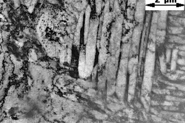Bainitic zone in welding of DQSK (draw quality semi-killed) steel (mild steel). Transmission electron microscopy (TEM) image.