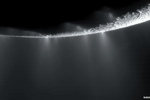 Plumes of water ice are ejected kilometres above the surface of Saturn's tiny satellite Enceladus