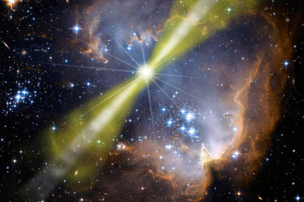 Artist's illustration of one model of the bright gamma-ray burst GRB 080319B. The explosion is highly beamed into two bipolar jets, with a narrow inner jet surrounded by a wider outer jet.