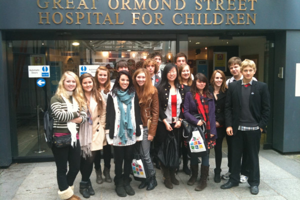 Students from Furze Platt Senior School outside Great Ormond Street Hospital during National Pathology Week 2010