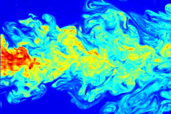 A false-color image of the far-field of a submerged turbulent jet, made visible by means of laser induced fluorescence (LIF).