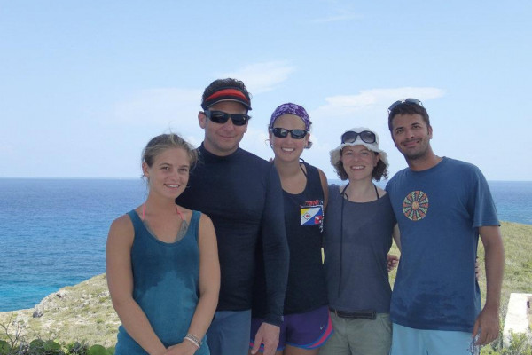 John Bruno with his research team, and Helen Scales, in Abaco, Bahamas.