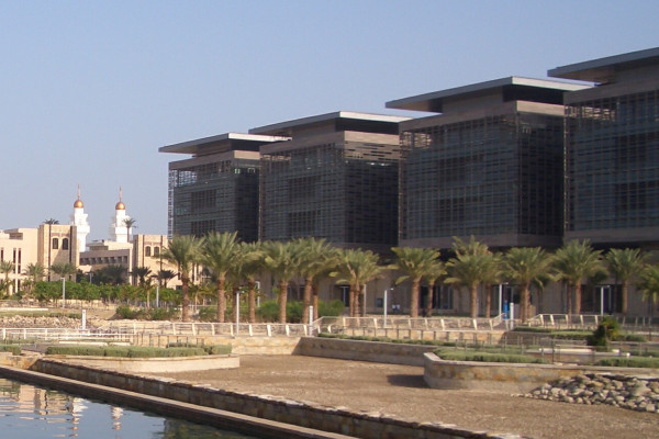 English: Laboratory buildings at KAUST with town buildings and town mosque on the left, 2011 photo &#268;etina: Laborato&#345;e Technické a p&#345;írodov&#283;decké univerzity krále Abdalláha pobli Diddy