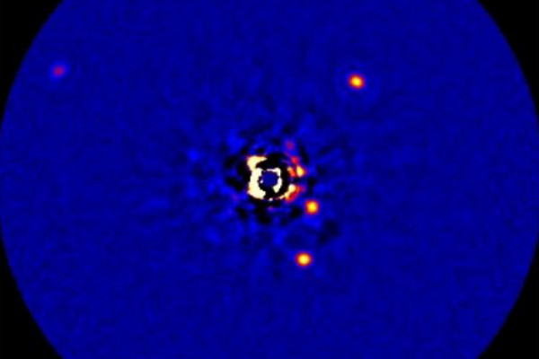 One of the discovery images of the system obtained at the Keck II telescope using adaptive optics system and the NIRC2 Near-Infrared Imager. Image shows all four confirmed planets.