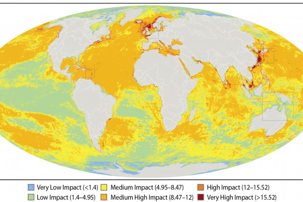 A global map of the overall impact that 17 different human activities are having on marine ecosystems. B.S Halpern / Science