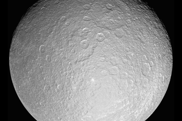 This giant mosaic reveals Saturn's icy moon Rhea in her full, crater-scarred glory. This view consists of 21 clear-filter images and is centered at 0.4 degrees south latitude, 171 degrees west longitude.