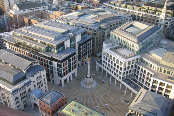 The London Stock Exchange - a view from the south of Paternoster Square in London, England from the top viewing deck of St. Paul's Cathedral.